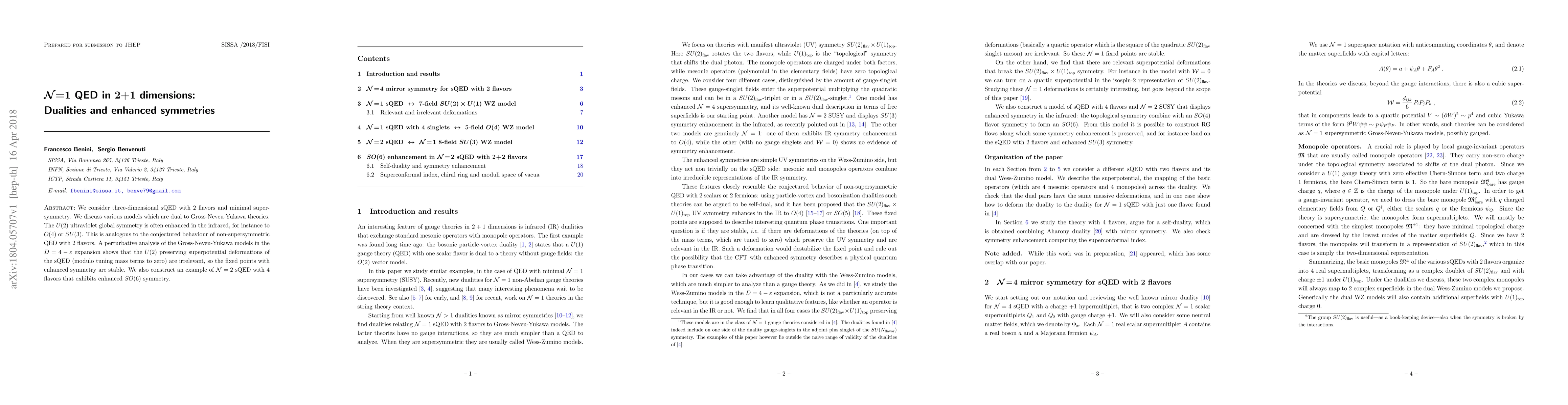 Thumbnail for N=1 QED in 2+1 dimensions: Dualities and enhanced symmetries