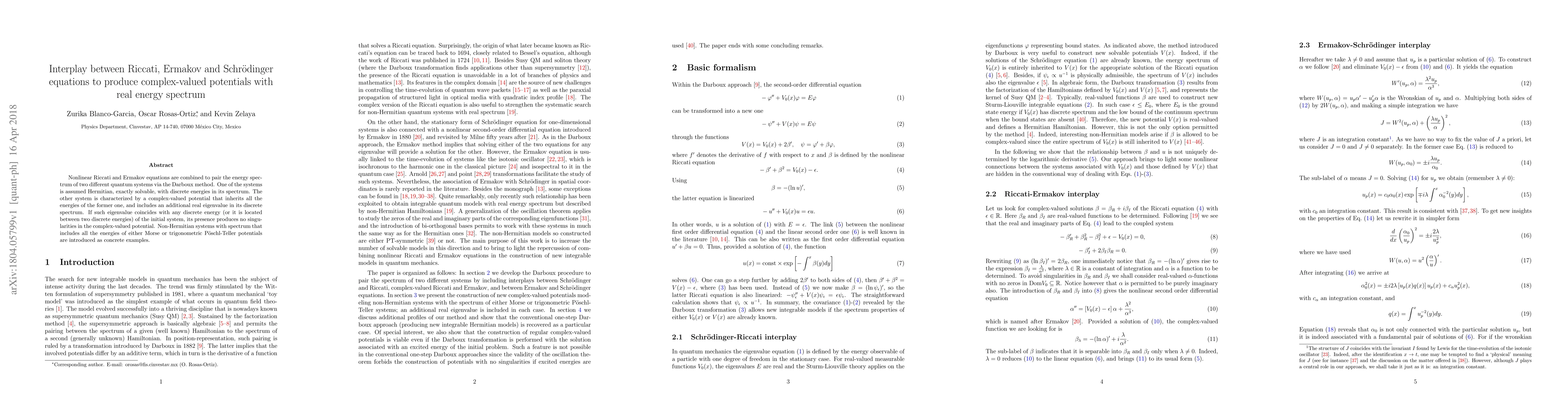 Thumbnail for Interplay between Riccati, Ermakov and Schroedinger equations to produce
  complex-valued potentials with real energy spectrum