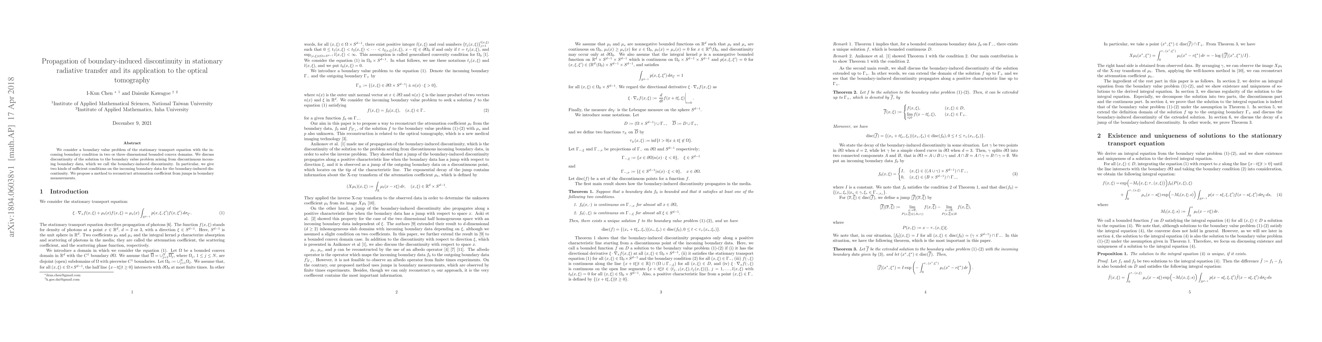 Thumbnail for Propagation of boundary-induced discontinuity in stationary radiative
  transfer and its application to the optical tomography