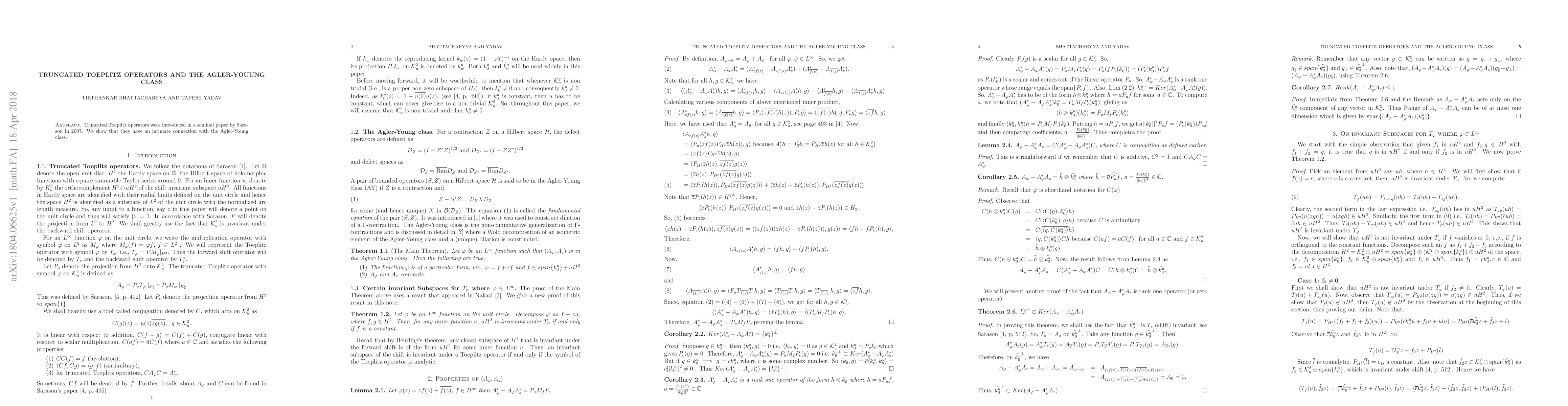 Thumbnail for Truncated Toeplitz operators and the Agler-Young class