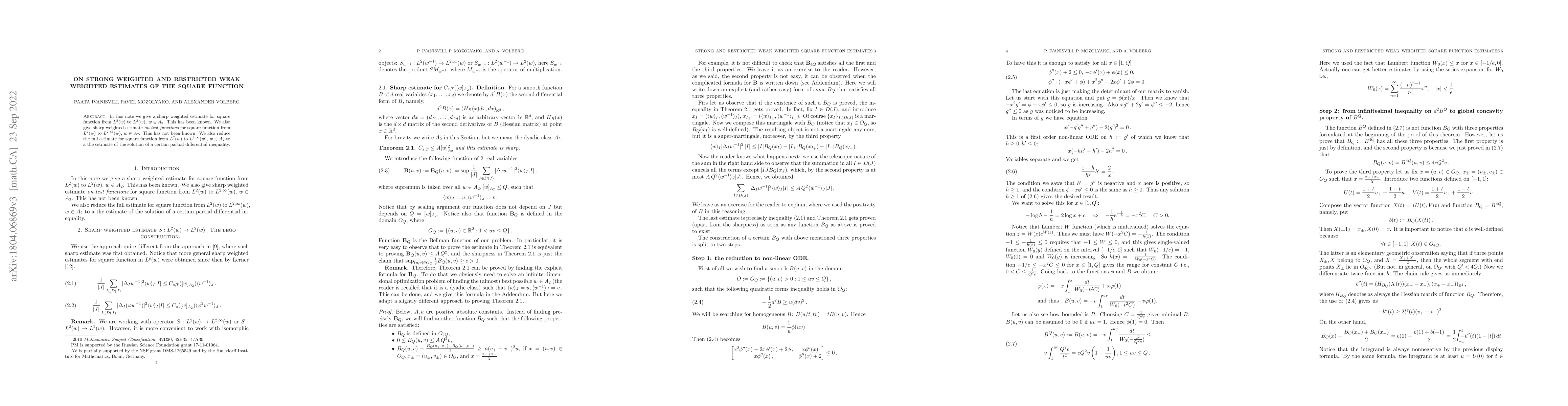 Thumbnail for Strong weighted and restricted weak weighted estimates of the square
  function