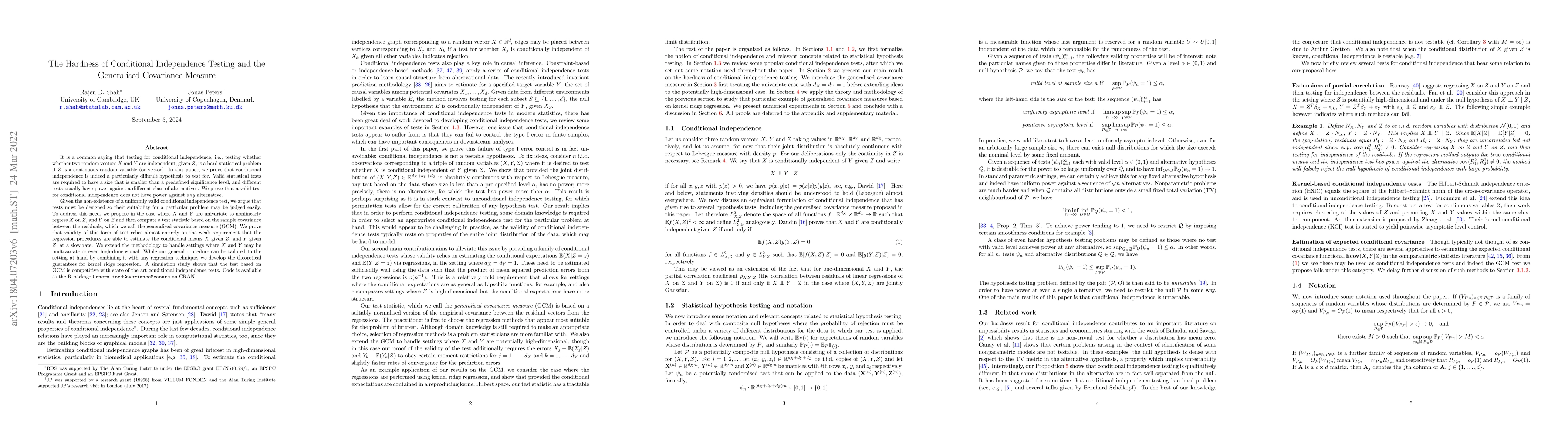Thumbnail for The Hardness of Conditional Independence Testing and the Generalised
  Covariance Measure
