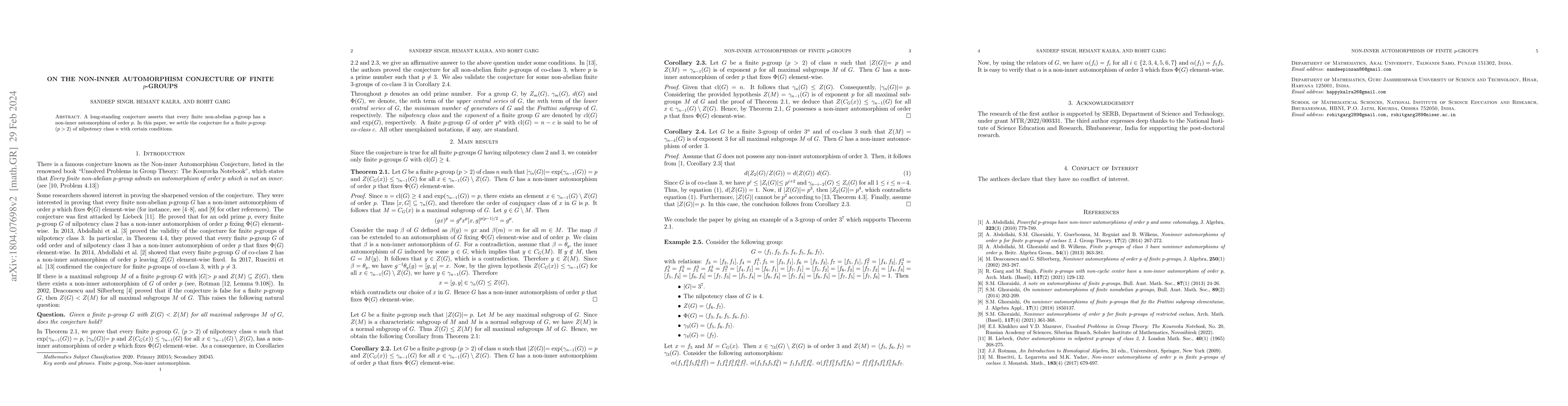 Thumbnail for On the non-inner automorphism conjecture of finite $p$-groups