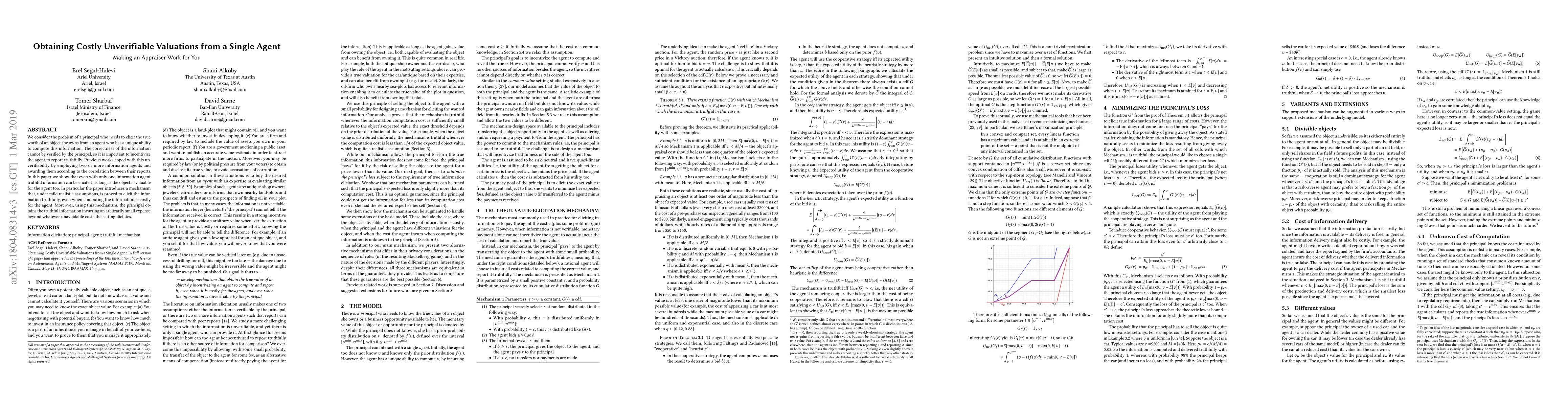 Thumbnail for Obtaining Costly Unverifiable Valuations from a Single Agent