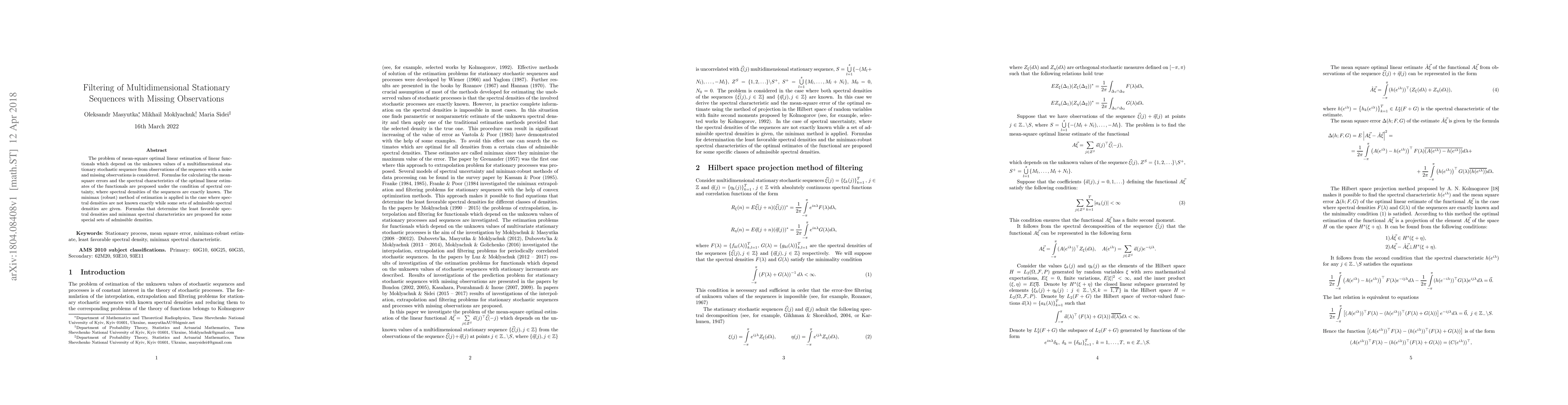 Thumbnail for Filtering of Multidimensional Stationary Sequences with Missing
  Observations