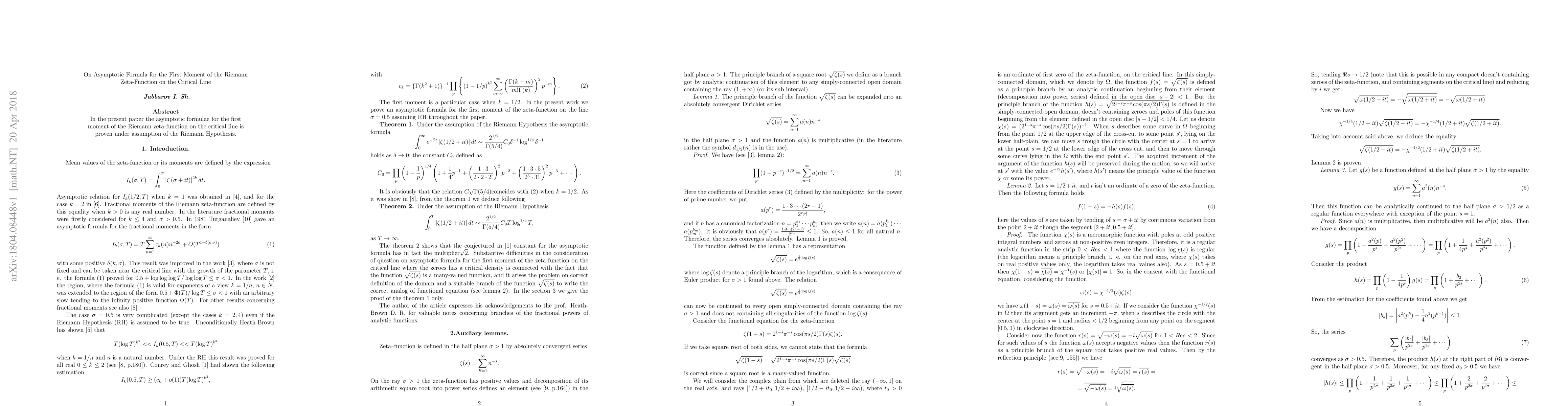 Thumbnail for On Asymptotic Formula for the First Moment of the Riemann Zeta-Function
  on the Critical Line