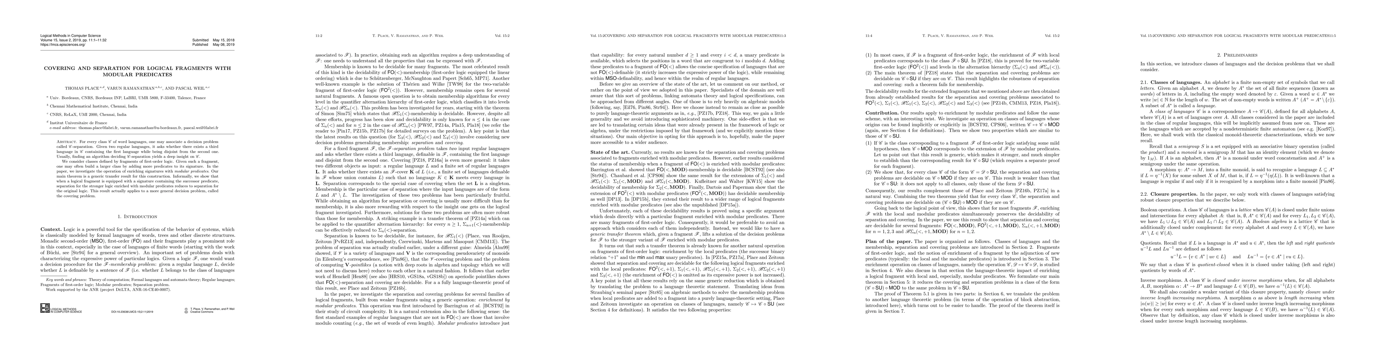Thumbnail for Covering and separation for logical fragments with modular predicates