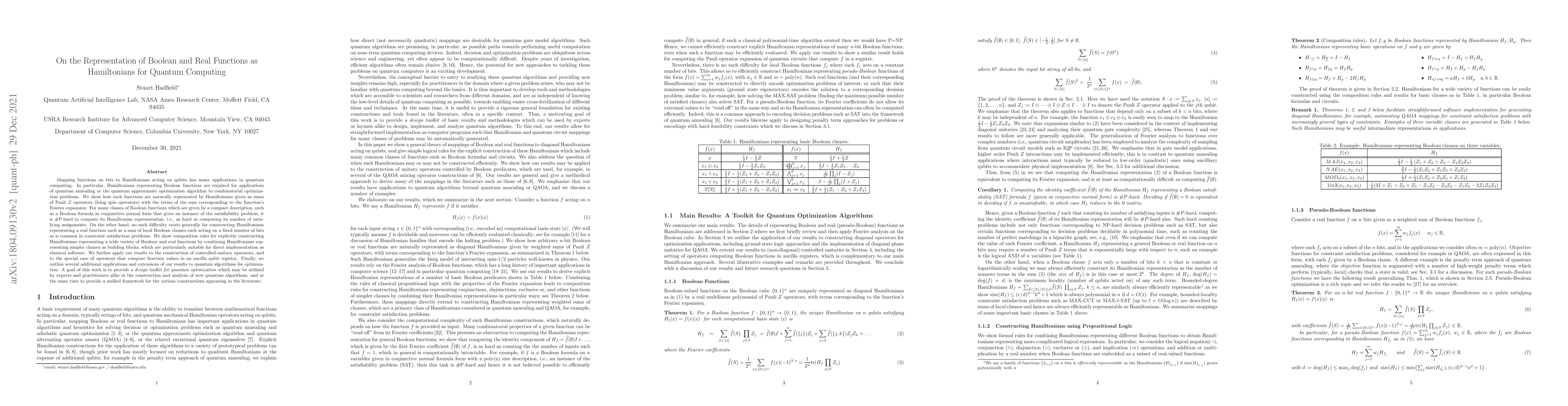 Thumbnail for On the representation of Boolean and real functions as Hamiltonians for
  quantum computing