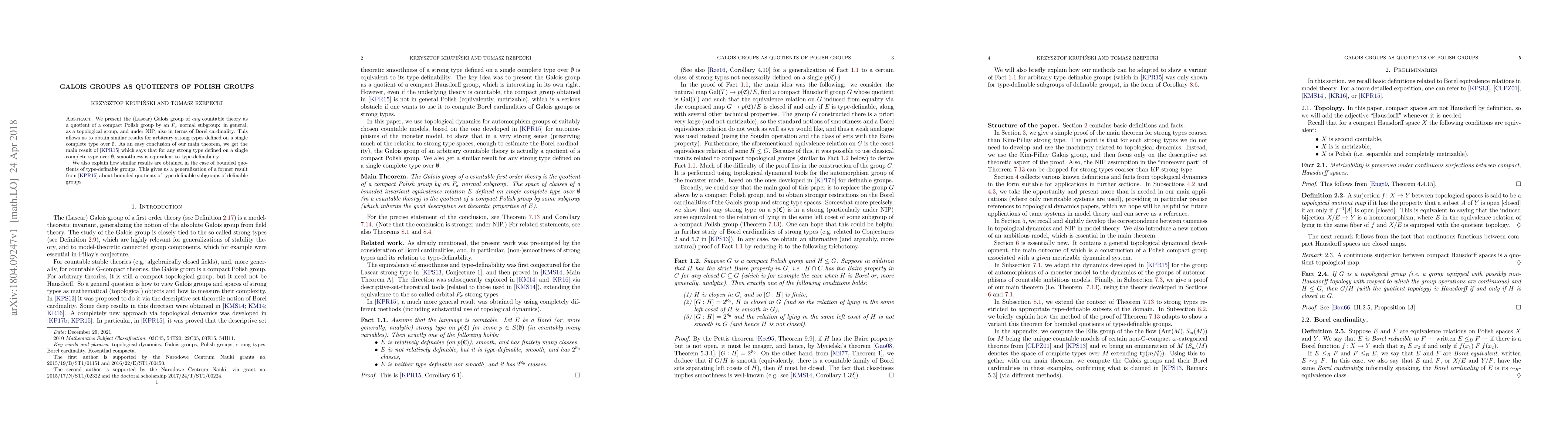 Thumbnail for Galois groups as quotients of Polish groups