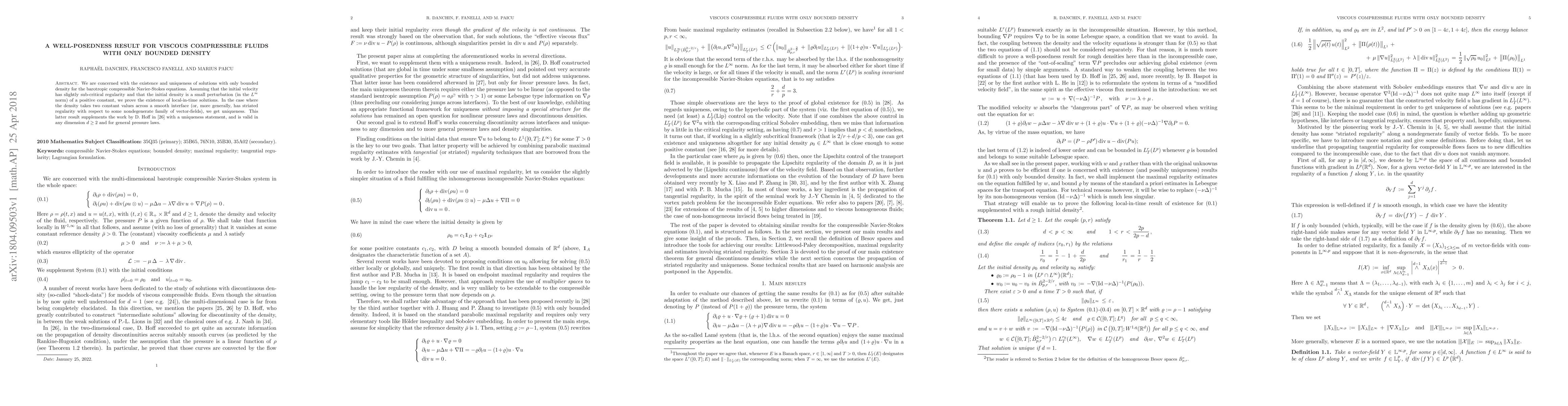 Thumbnail for A well-posedness result for viscous compressible fluids with only
  bounded density