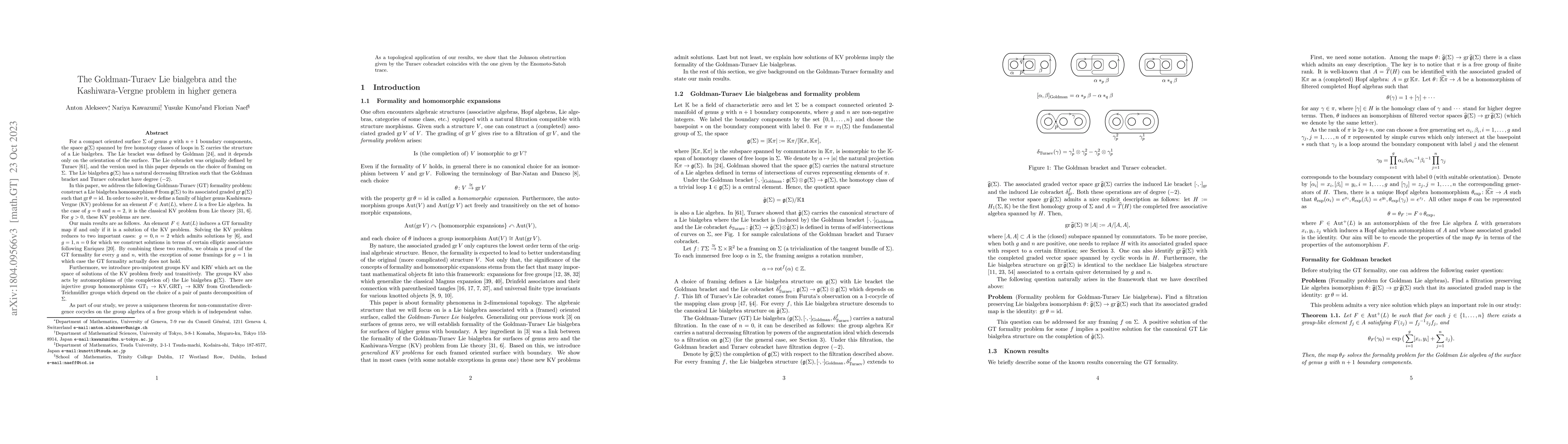 Thumbnail for The Goldman-Turaev Lie bialgebra and the Kashiwara-Vergne problem in
  higher genera