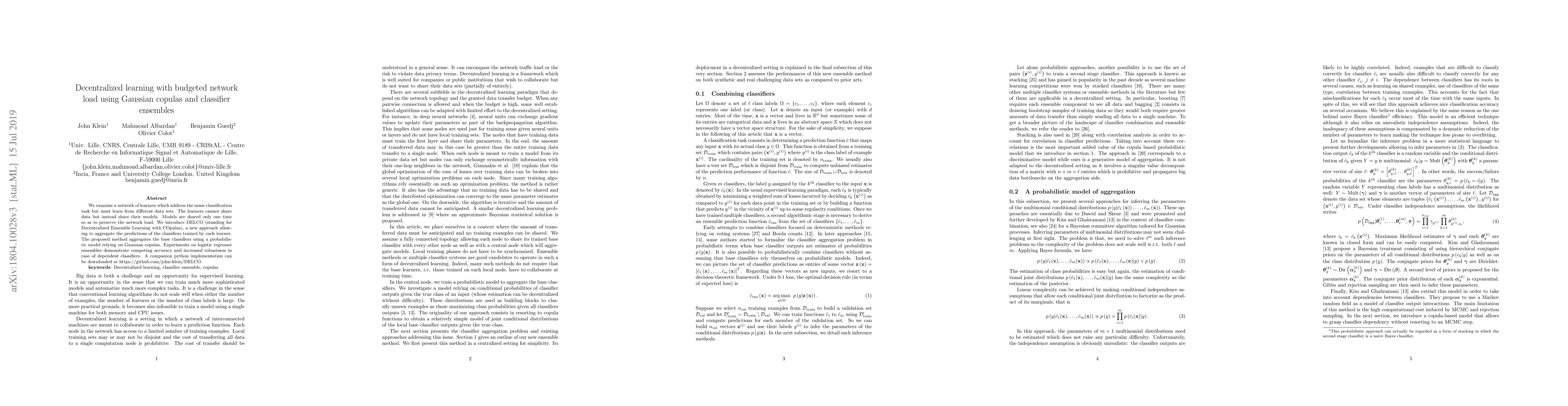Thumbnail for Decentralized learning with budgeted network load using Gaussian copulas
  and classifier ensembles