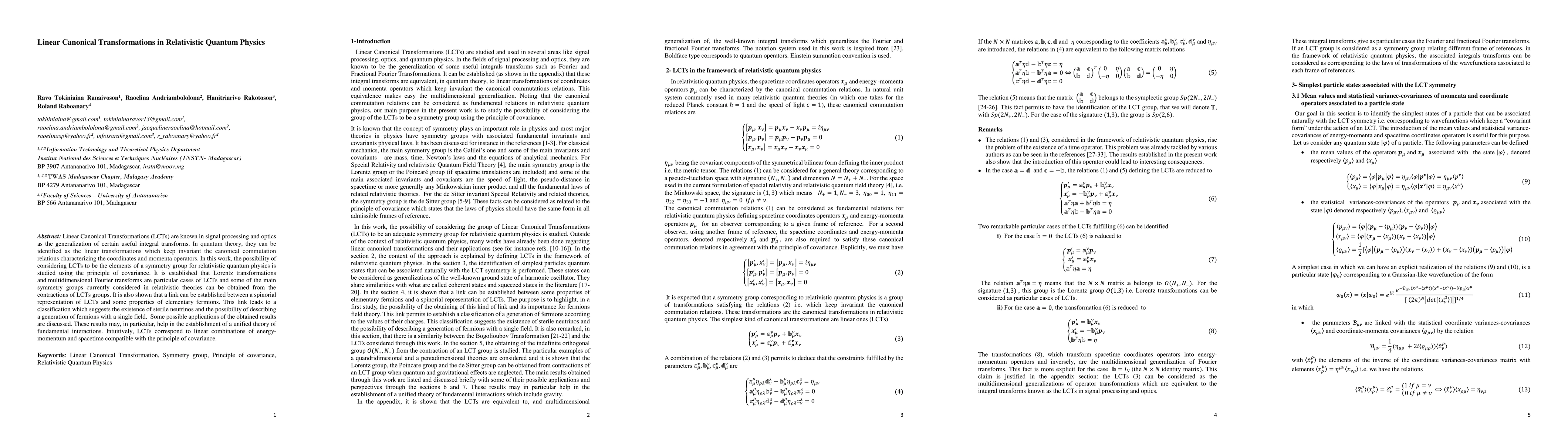 Thumbnail for Linear Canonical Transformations in Relativistic Quantum Physics