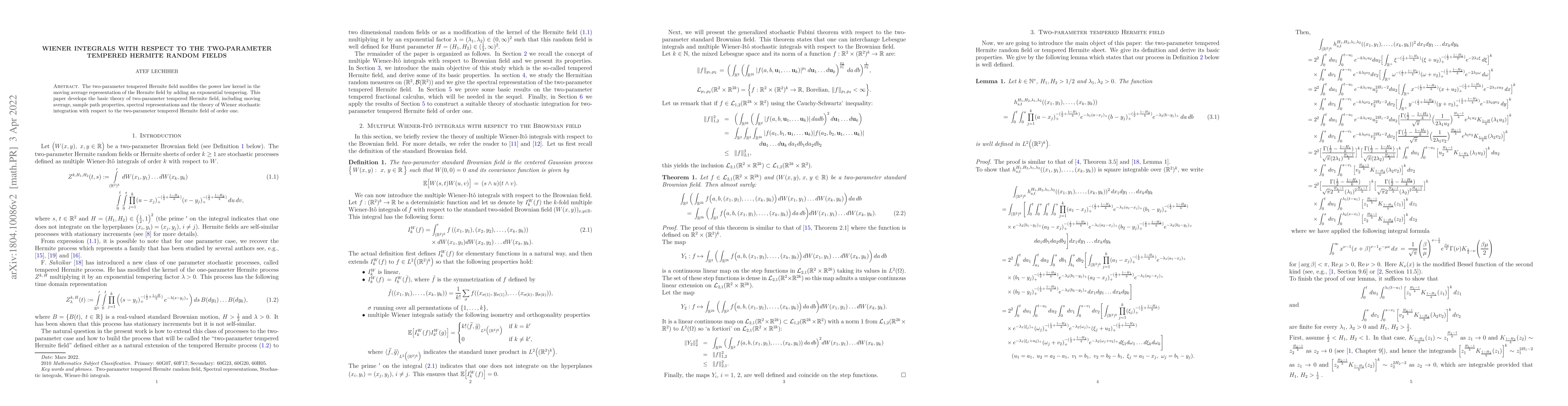 Thumbnail for Wiener integrals with respect to the two-parameter tempered Hermite
  random fields