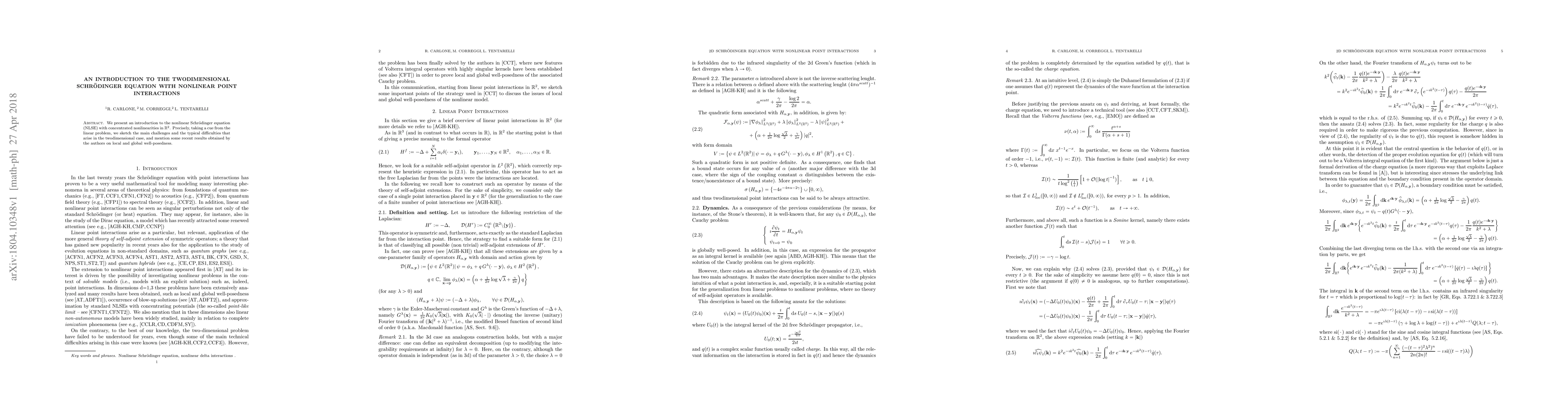 Thumbnail for An introduction to the two-dimensional Schr\"odinger equation with
  nonlinear point interactions