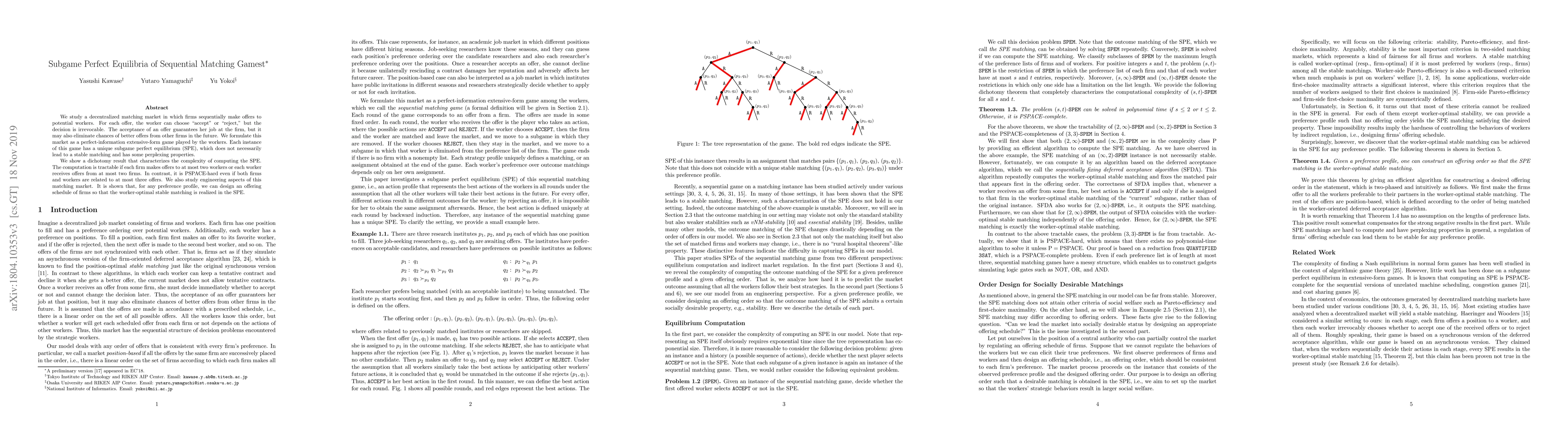 Thumbnail for Subgame Perfect Equilibria of Sequential Matching Games