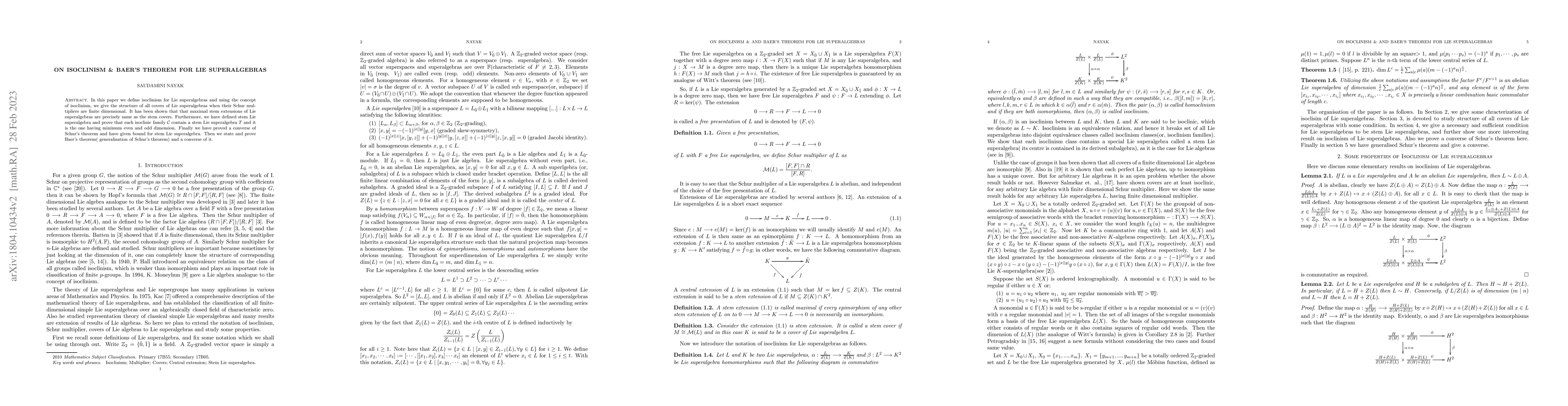 Thumbnail for On Isoclinism \& Baer's theorem for Lie superalgebras
