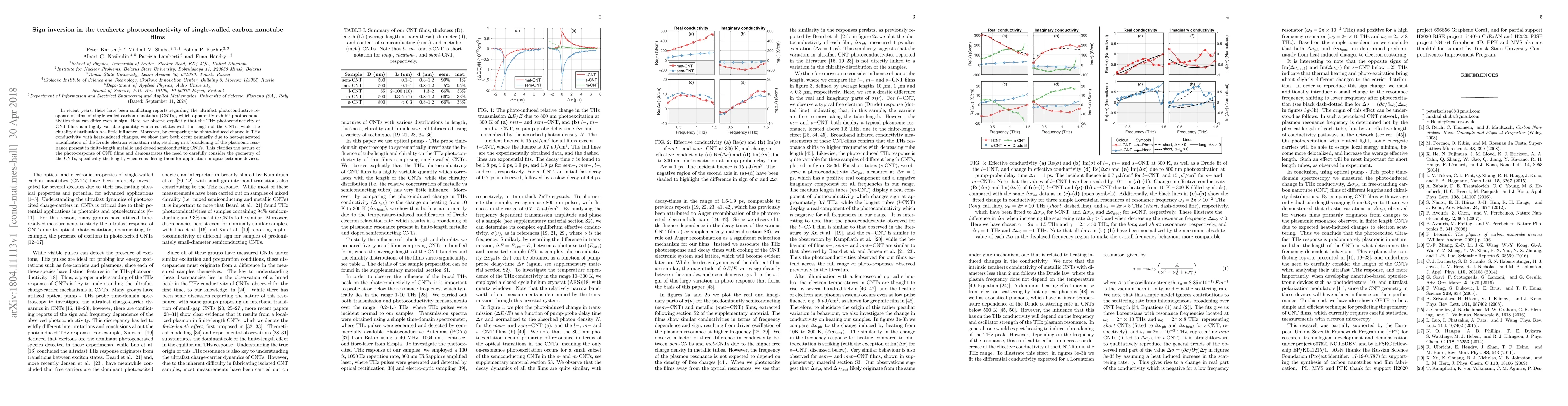 Thumbnail for Sign inversion in the terahertz photoconductivity of single-walled
  carbon nanotube films