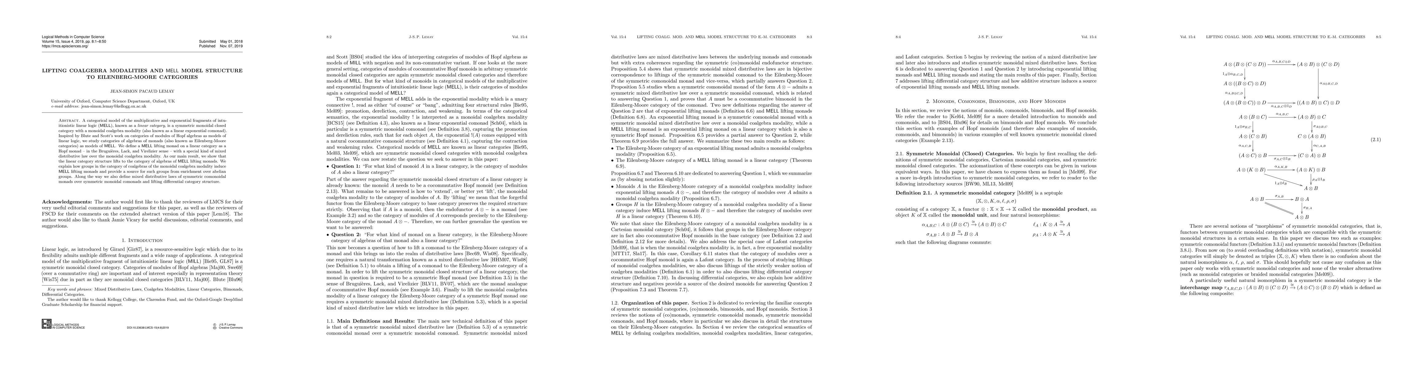 Thumbnail for Lifting Coalgebra Modalities and $\mathsf{MELL}$ Model Structure to
  Eilenberg-Moore Categories