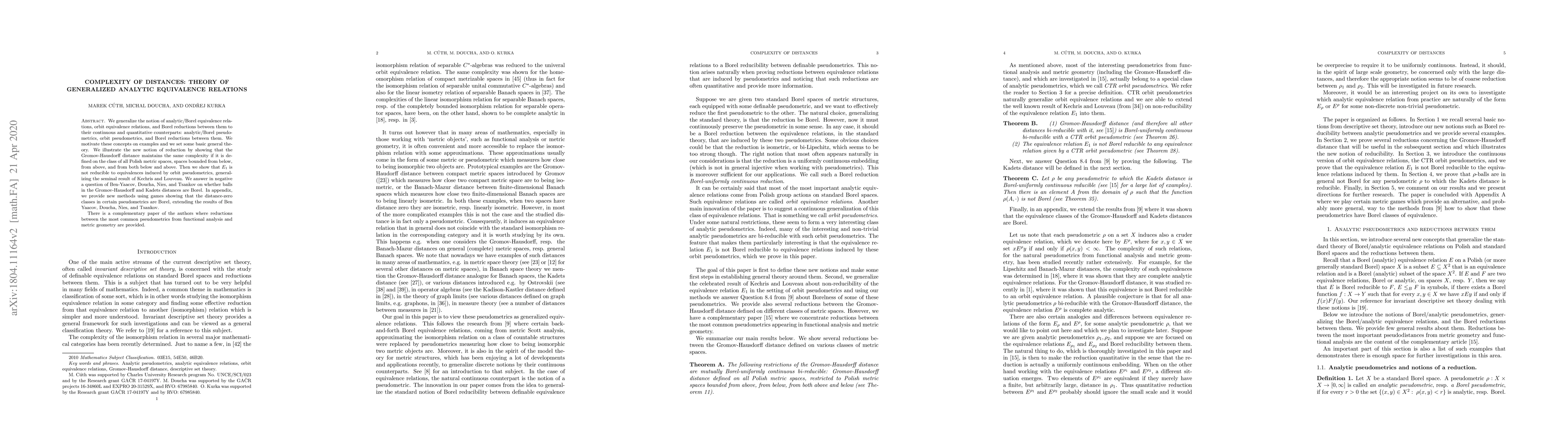 Thumbnail for Complexity of distances: Theory of generalized analytic equivalence
  relations