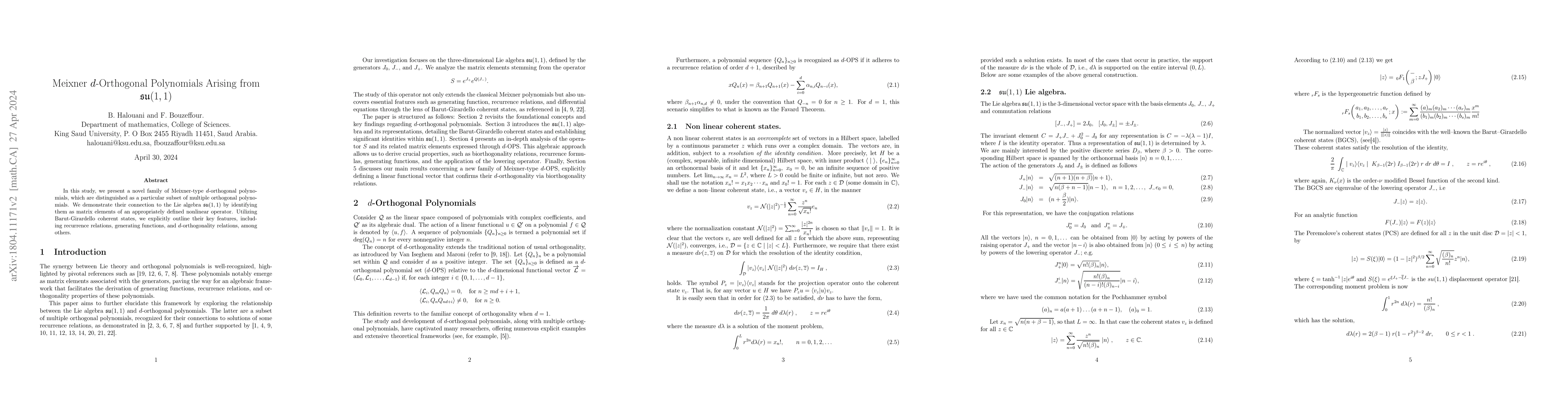 Thumbnail for Meixner $d$-Orthogonal Polynomials Arising from $\mathfrak{su}(1,1)$