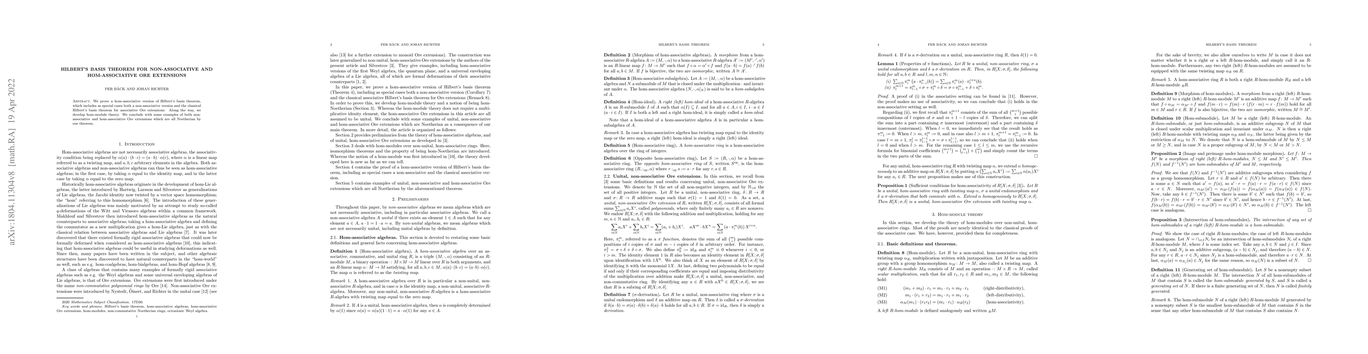 Thumbnail for Hilbert's basis theorem for non-associative and hom-associative Ore
  extensions