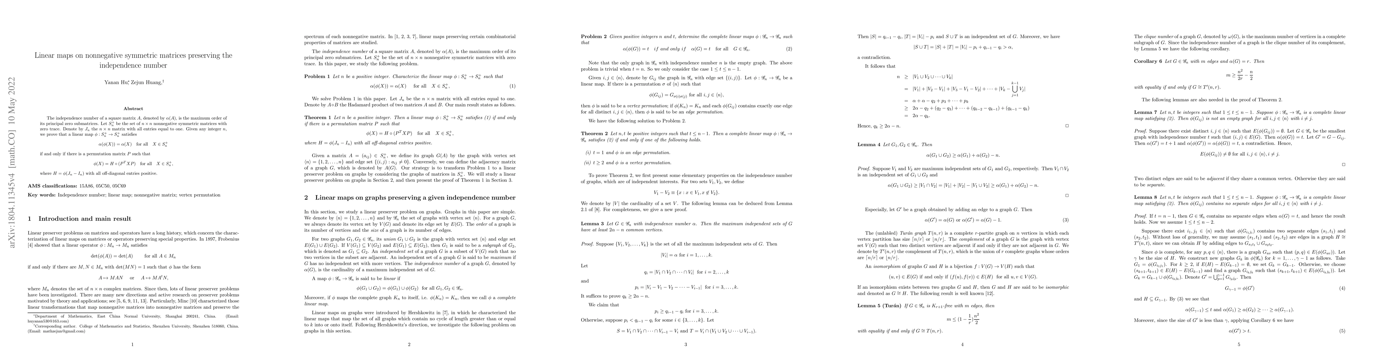 Thumbnail for Linear maps on nonnegative symmetric matrices preserving the
  independence number