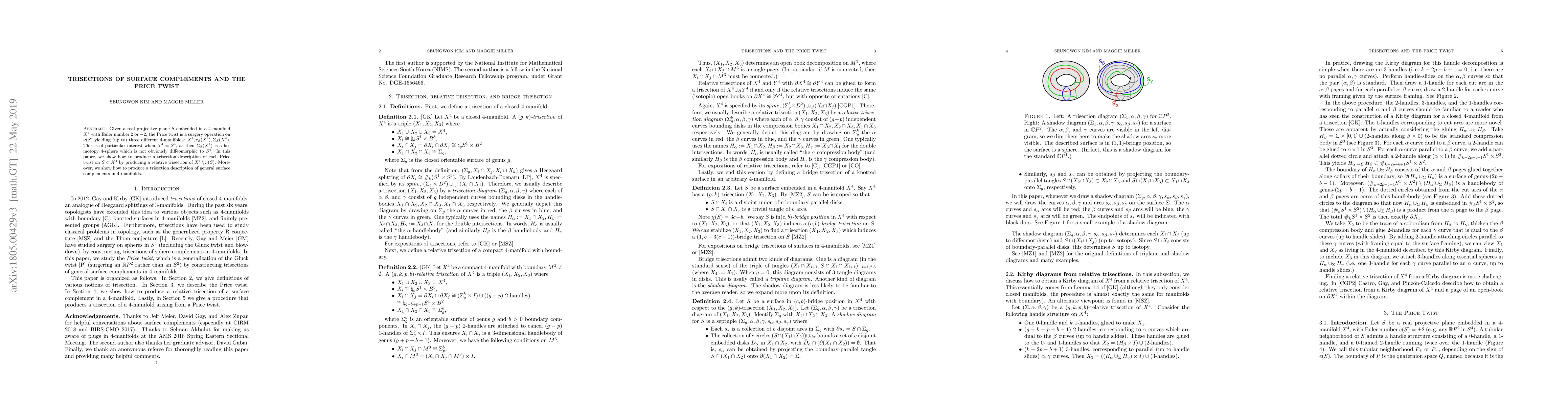 Thumbnail for Trisections of surface complements and the Price twist