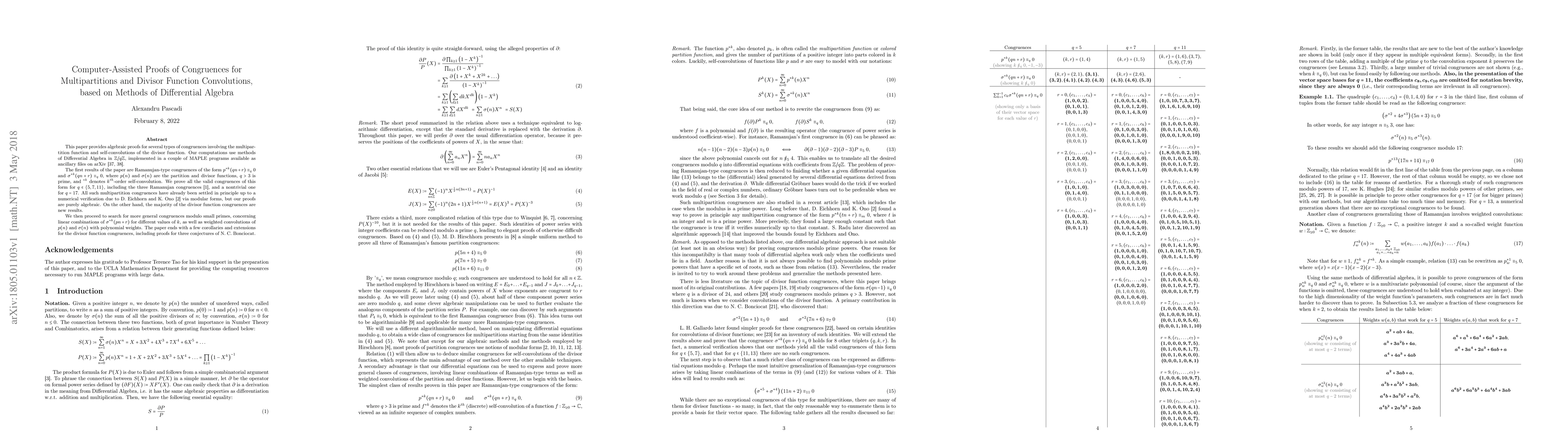 Thumbnail for Computer-Assisted Proofs of Congruences for Multipartitions and Divisor
  Function Convolutions, based on Methods of Differential Algebra