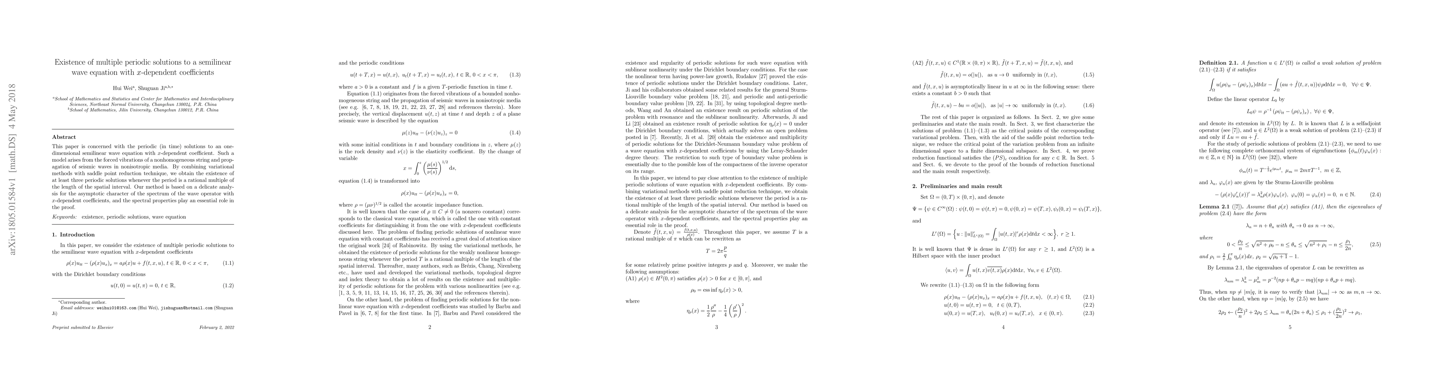 Thumbnail for Existence of multiple periodic solutions to a semilinear wave equation
  with $x$-dependent coefficients