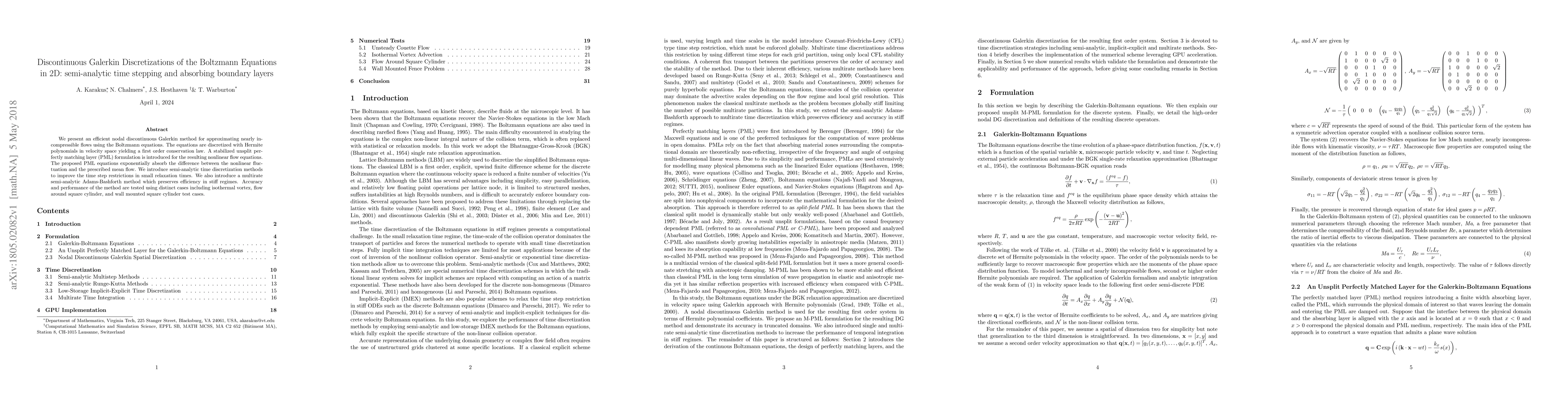 Thumbnail for Discontinuous Galerkin Discretizations of the Boltzmann Equations in 2D:
  semi-analytic time stepping and absorbing boundary layers