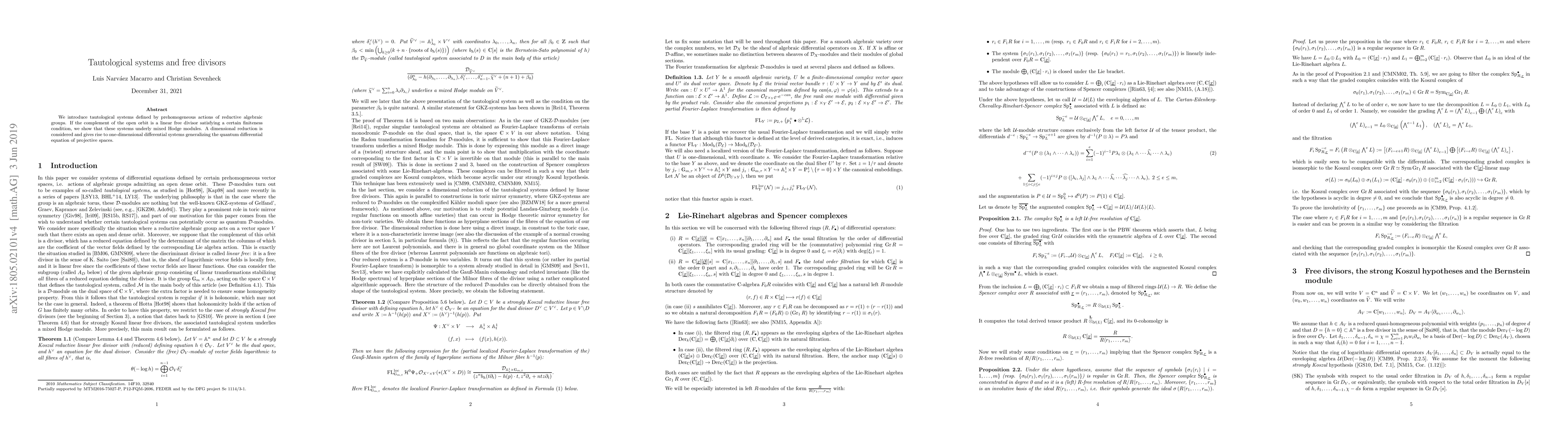 Thumbnail for Tautological systems and free divisors