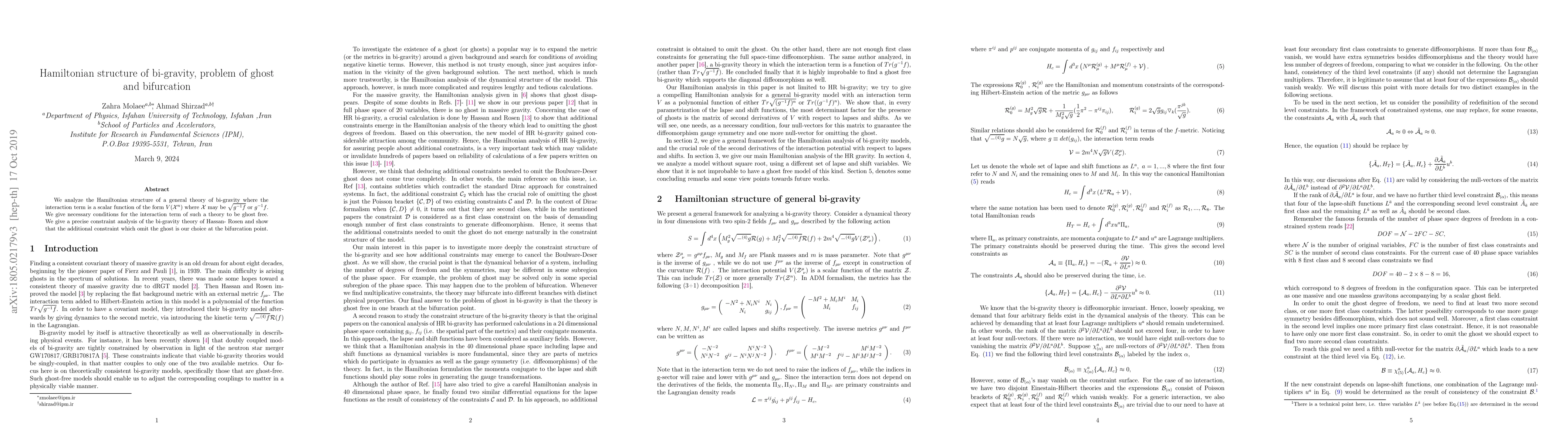 Thumbnail for Hamiltonian structure of bi-gravity, problem of ghost and bifurcation