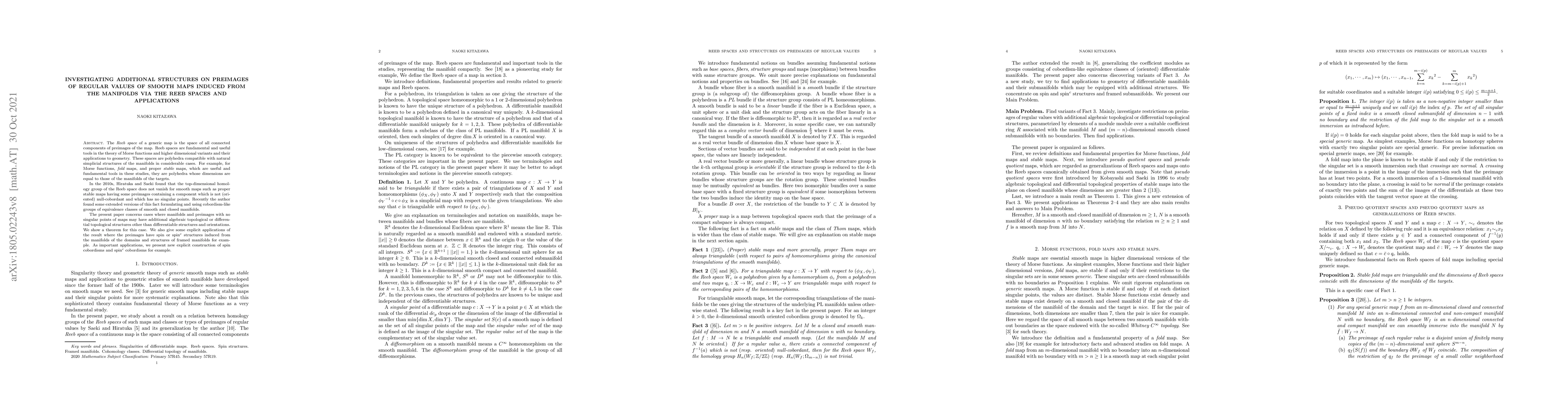 Thumbnail for Investigating additional structures on preimages of regular values of
  smooth maps induced from the manifolds via the Reeb spaces and applications