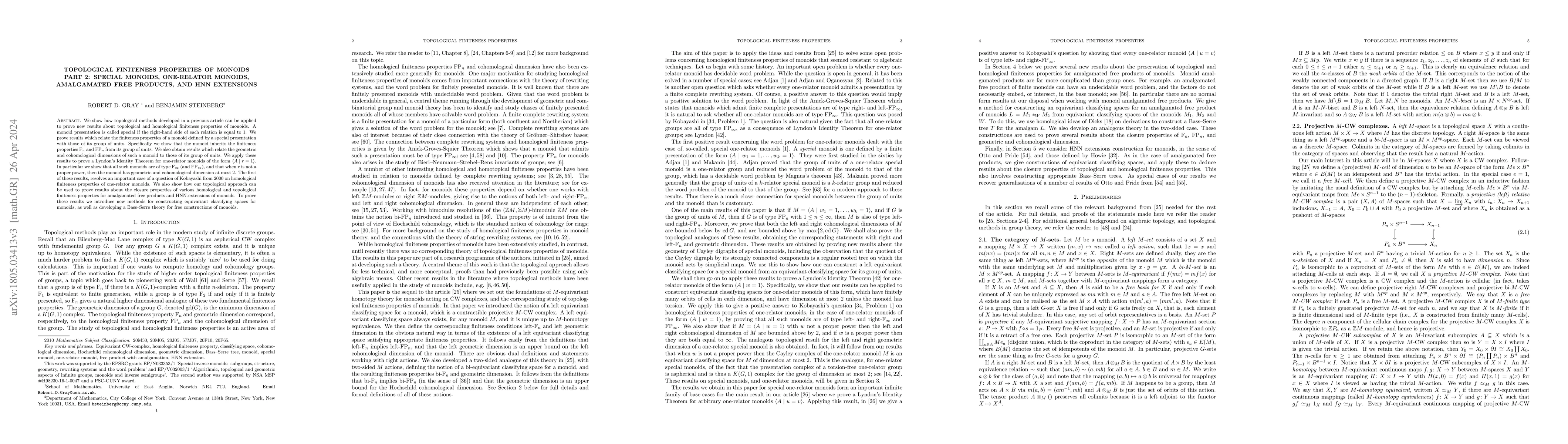 Thumbnail for Topological finiteness properties of monoids. Part 2: special monoids,
  one-relator monoids, amalgamated free products, and HNN extensions