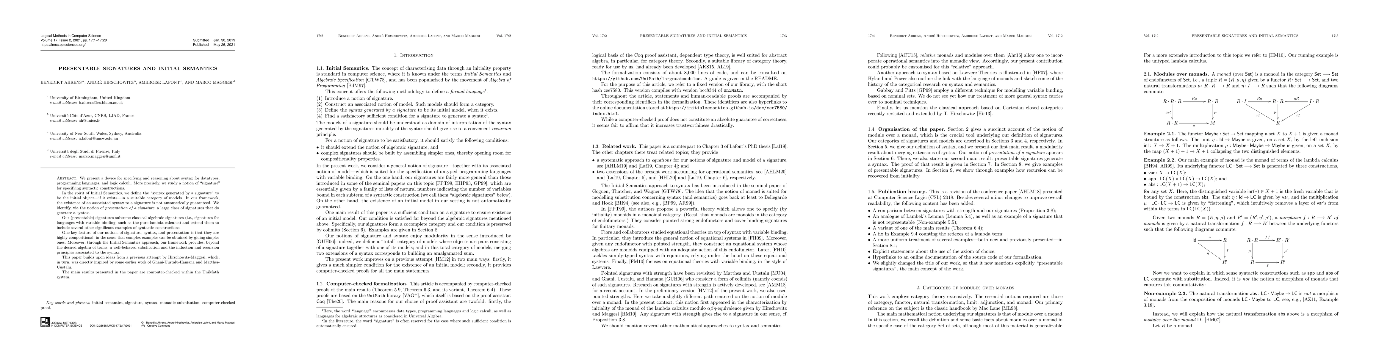 Thumbnail for Presentable signatures and initial semantics