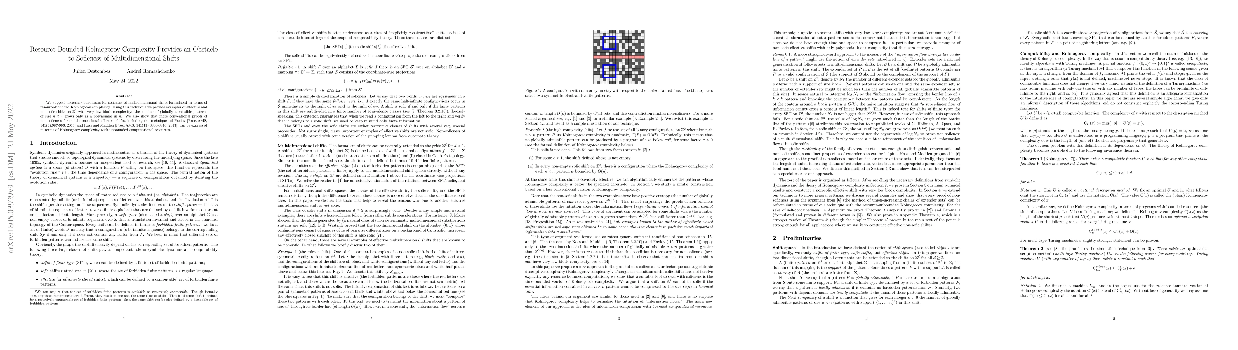 Thumbnail for Resource-Bounded Kolmogorov Complexity Provides an Obstacle to Soficness
  of Multidimensional Shifts