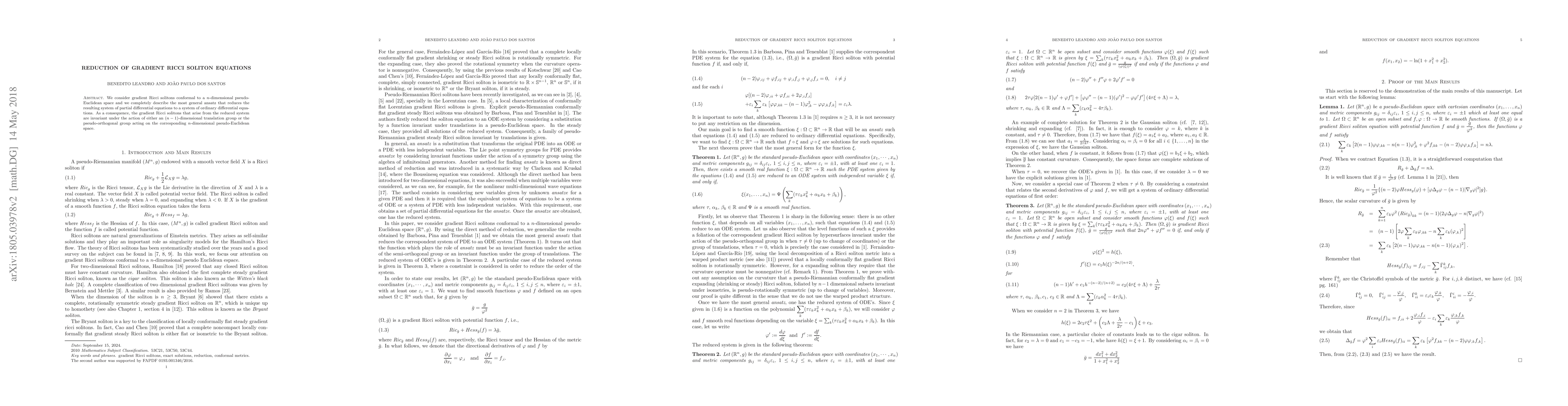 Thumbnail for Reduction of gradient Ricci soliton equations