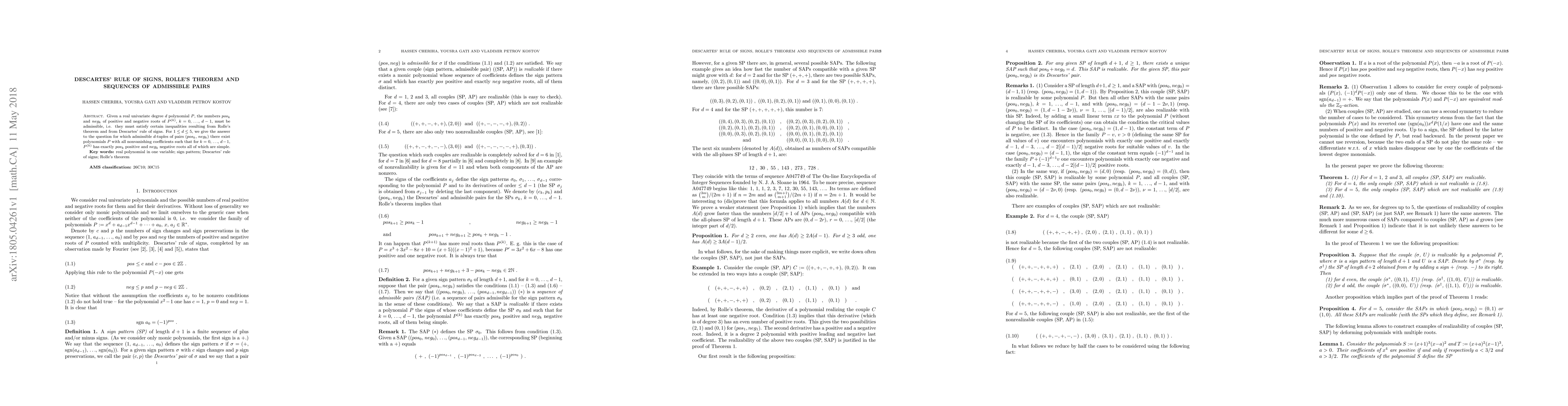 Thumbnail for Descartes' rule of signs, Rolle's theorem and sequences of admissible
  pairs