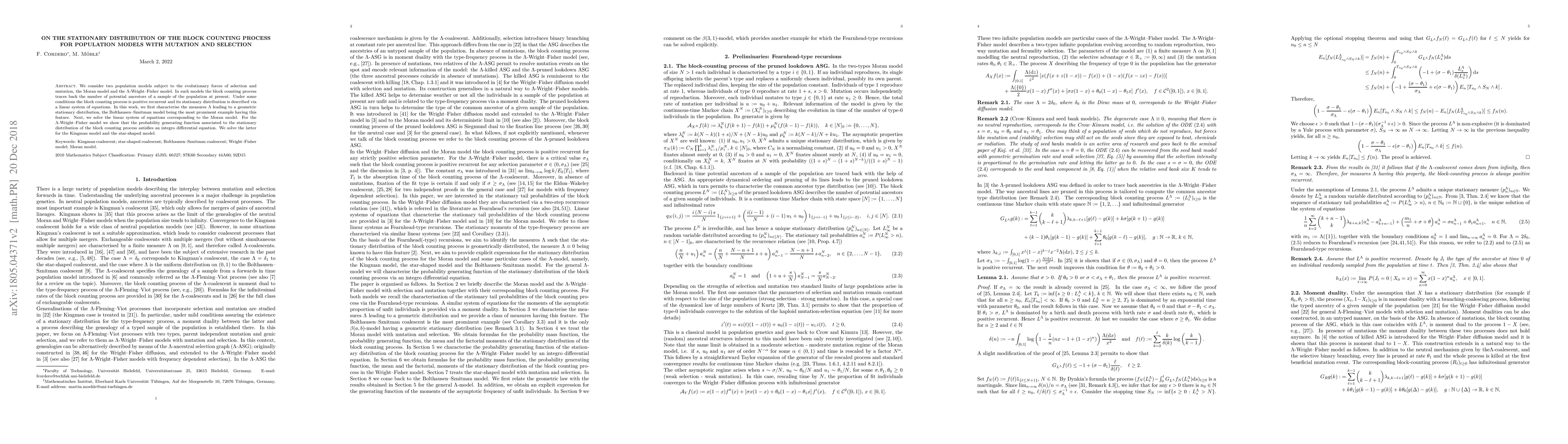 Thumbnail for On the stationary distribution of the block counting process for
  population models with mutation and selection