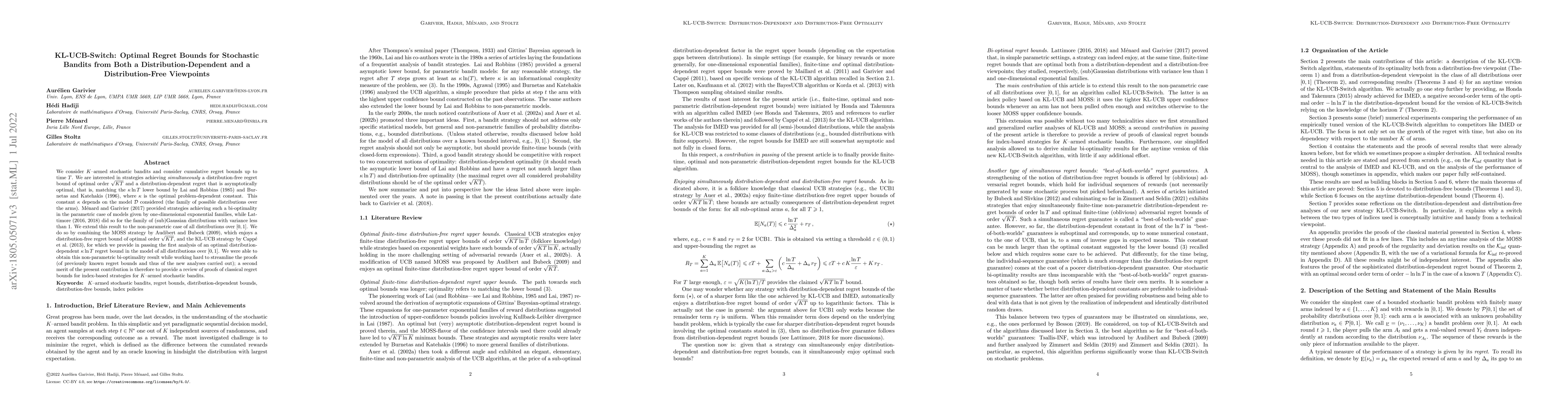 Thumbnail for KL-UCB-switch: optimal regret bounds for stochastic bandits from both a
  distribution-dependent and a distribution-free viewpoints