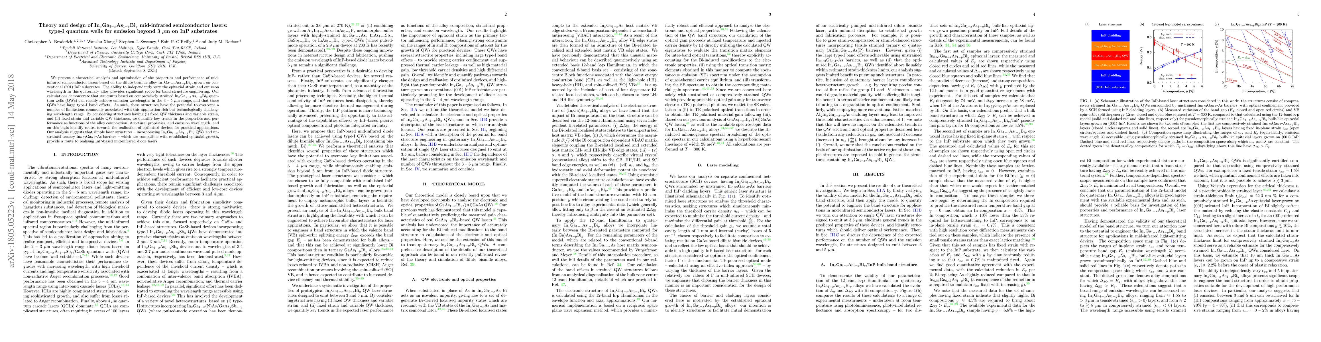 Thumbnail for Theory and design of In$_{x}$Ga$_{1-x}$As$_{1-y}$Bi$_{y}$ mid-infrared
  semiconductor lasers: type-I quantum wells for emission beyond 3 $\mu$m on
  InP substrates
