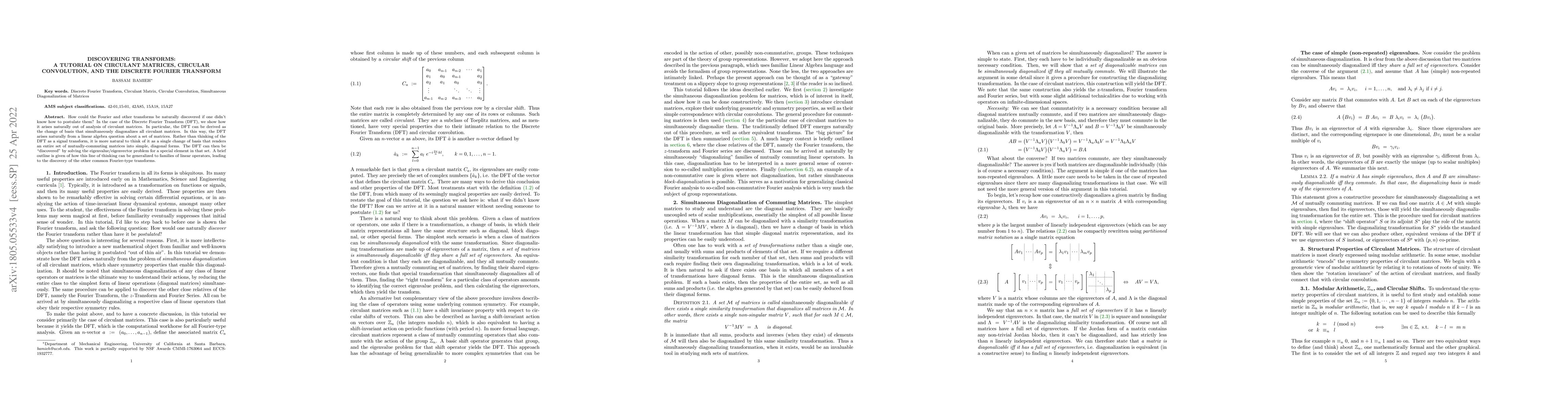 Thumbnail for Discovering Transforms: A Tutorial on Circulant Matrices, Circular
  Convolution, and the Discrete Fourier Transform