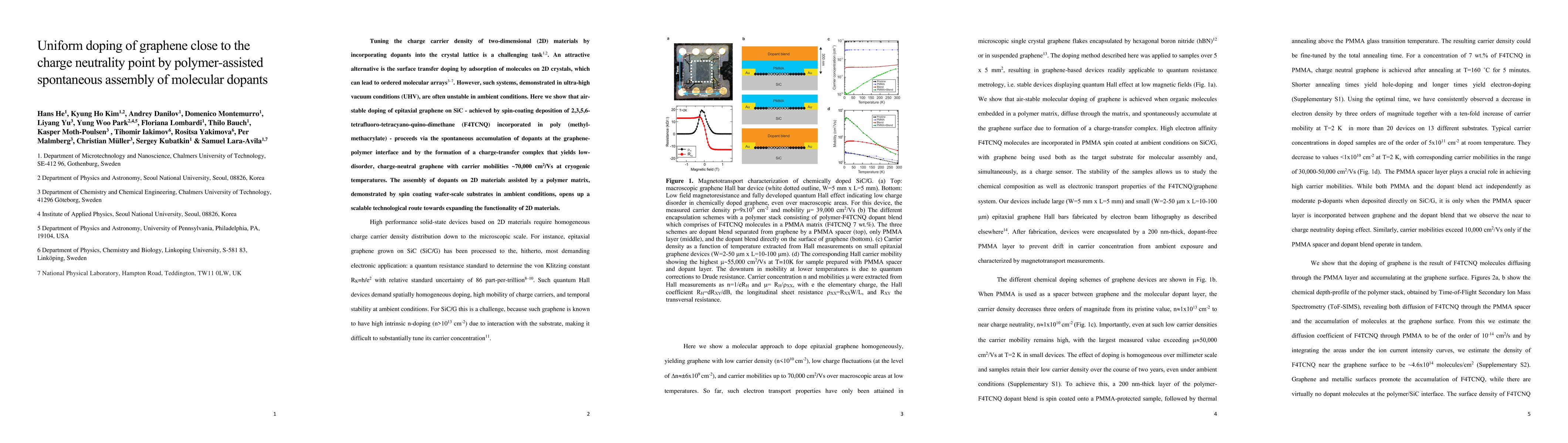 Thumbnail for Uniform doping of graphene close to the charge neutrality point by
  polymer-assisted spontaneous assembly of molecular dopants
