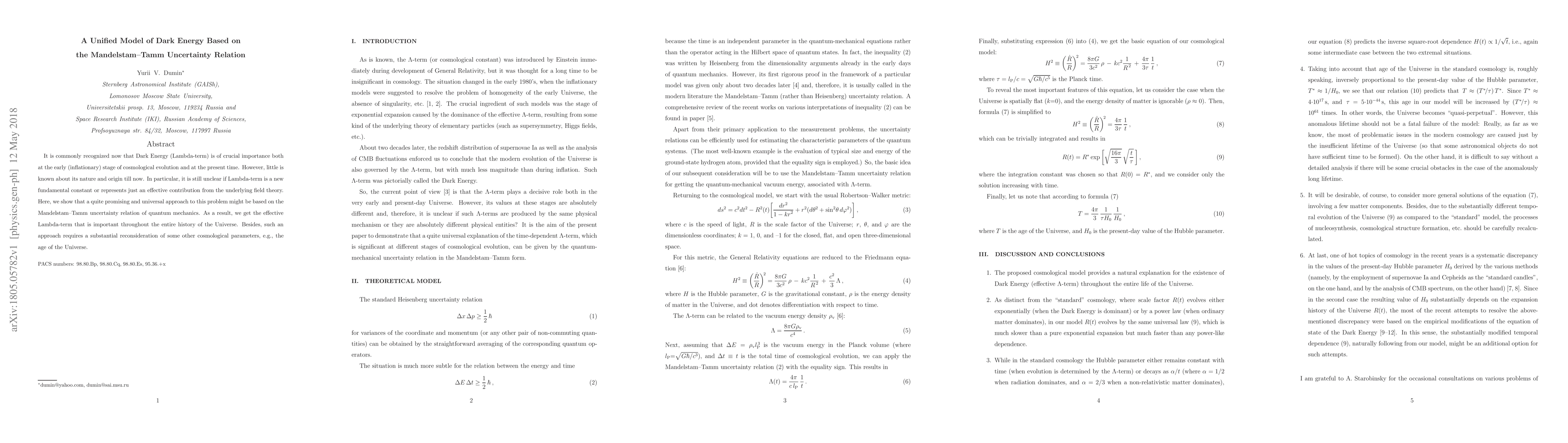 Thumbnail for A Unified Model of Dark Energy Based on the Mandelstam-Tamm Uncertainty
  Relation