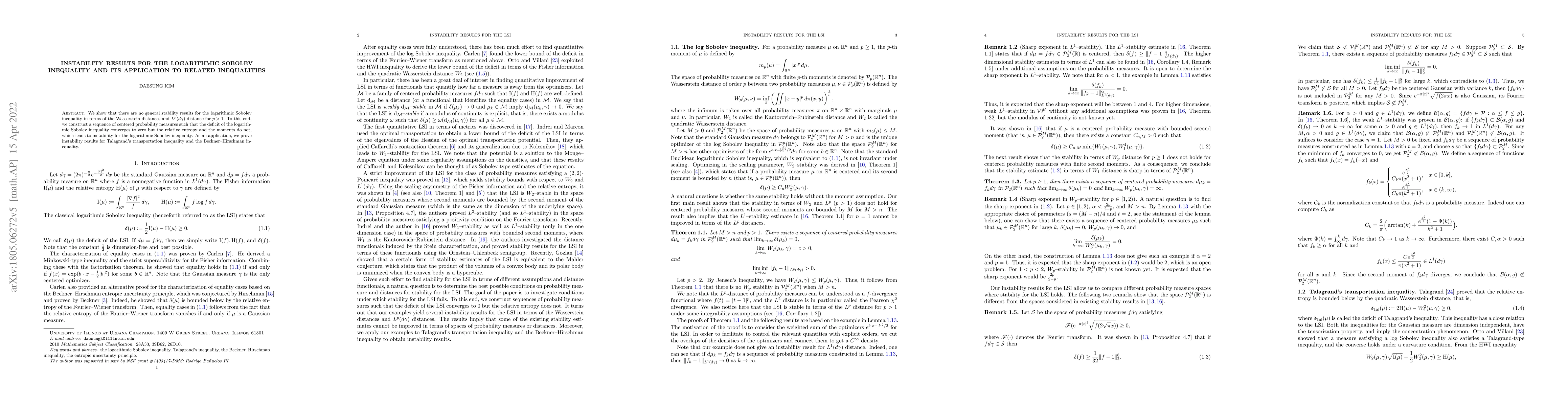 Thumbnail for Instability results for the logarithmic Sobolev inequality and its
  application to related inequalities