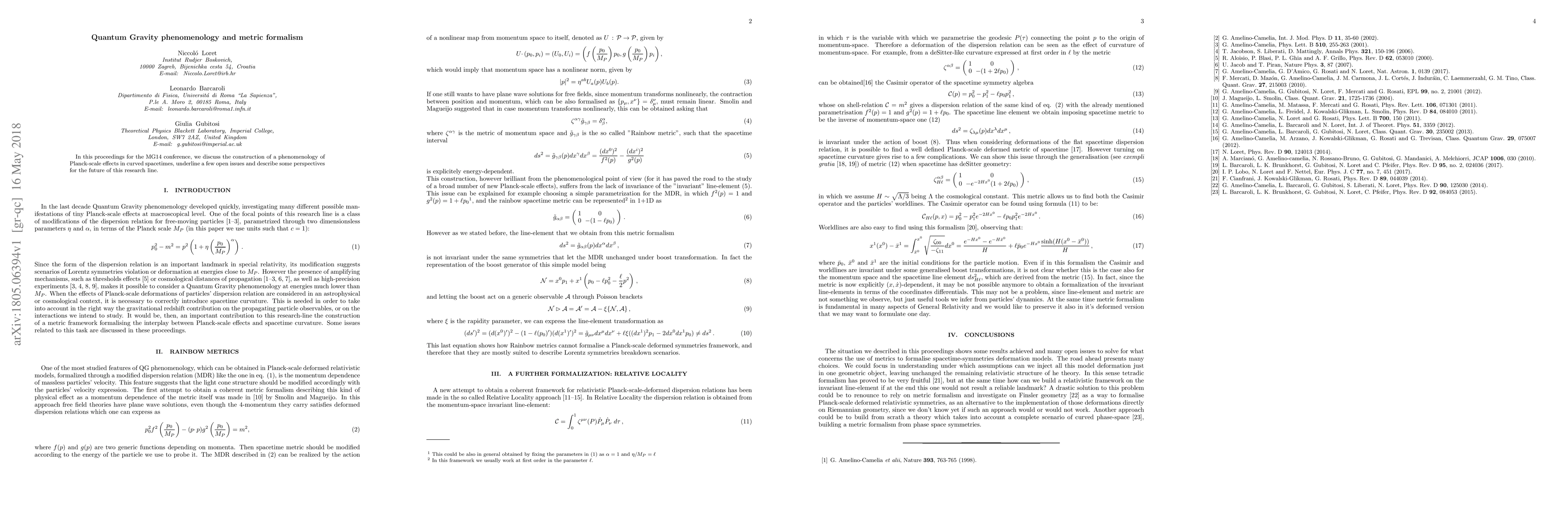Thumbnail for Quantum Gravity phenomenology and metric formalism