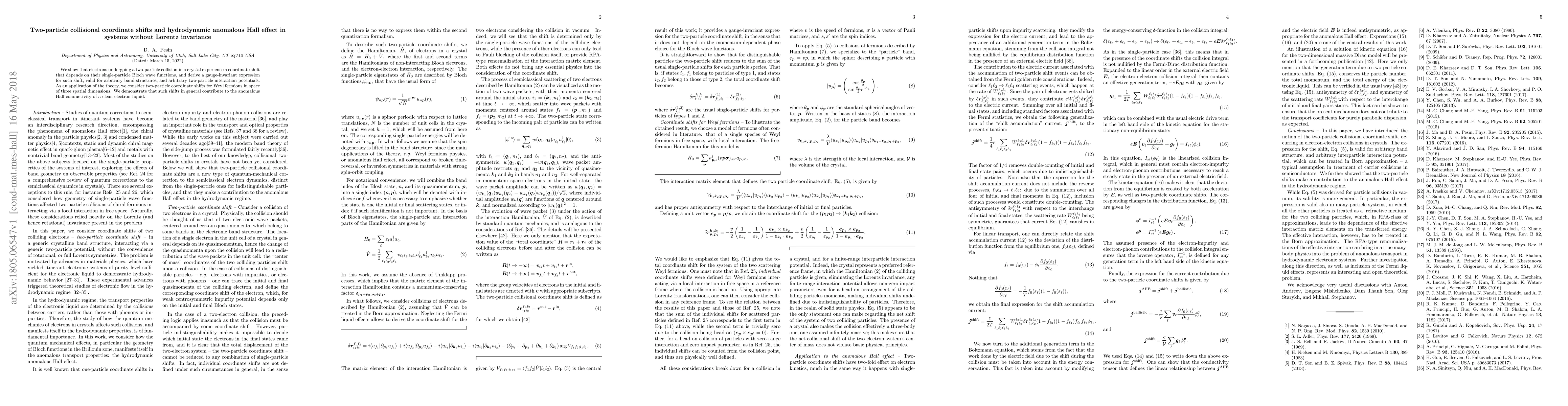 Thumbnail for Two-particle collisional coordinate shifts and hydrodynamic anomalous
  Hall effect in systems without Lorentz invariance