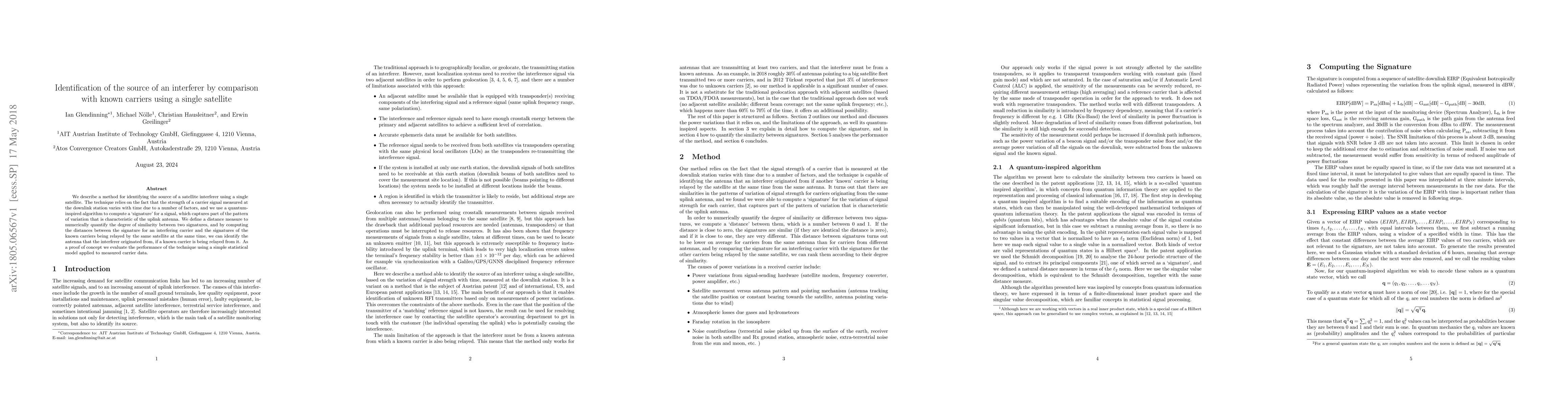 Thumbnail for Identification of the source of an interferer by comparison with known
  carriers using a single satellite
