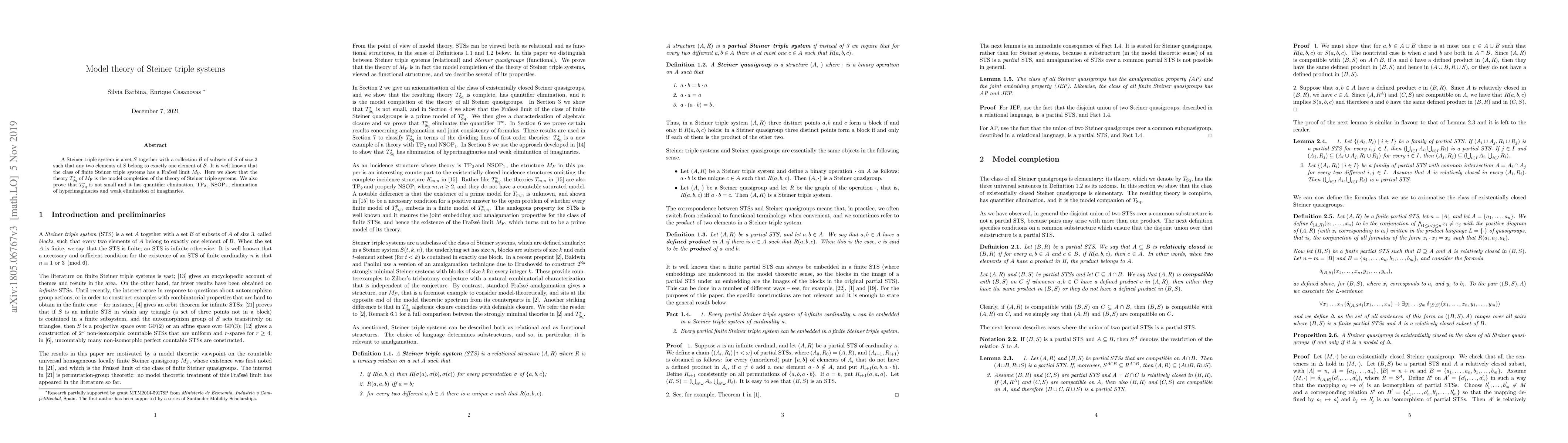 Thumbnail for Model theory of Steiner triple systems